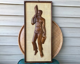 Vintage Wall Art, Mid Century Decor, Carved Wood Man, Walnut Relief Burlap, Tall Narrow Frame