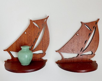 Vintage Shelf Sconces, Sailboat Wall Shelves, Wood Nautical Decor, Accent Floating Pair, Knick Knack Display