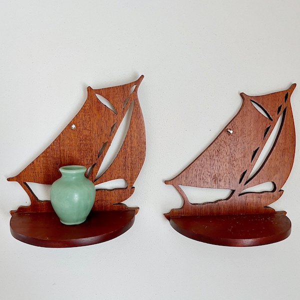 Vintage Shelf Sconces, Sailboat Wall Shelves, Wood Nautical Decor, Accent Floating Pair, Knick Knack Display