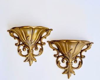 Vintage Wall Pockets, Gold Planter Sconces, Dart Homco Plastic, Fleur de Lis, Pair 1960s Decor