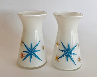 Vintage MCM Vase, 1950s Atomic Starburst, Bartlett Collins Glass, Blue Gold White, 4 inch Bud, Mid Century Modern