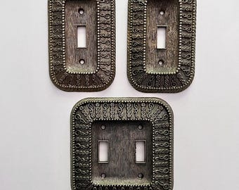 Vintage Brass Switch Plate Set: 2 Singles 1 Double, American Tack USA, Ornate Floral Scrollwork