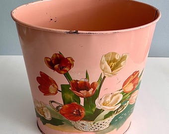 Vintage Pink Metal Waste Basket: 1950s Floral Trash Can, Tin Litho Tulips, Garbage Bin