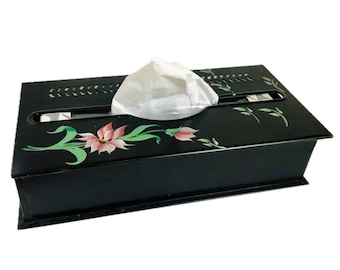 Vintage Pink Floral Tissue Box Cover: Hand Painted Toleware, Black Metal Rectangle