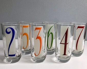 Vintage Numbered Glasses, Set of Six, High Ball Tumblers, Mid Century Highballs