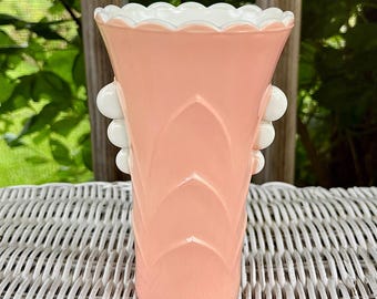 Vintage 1940s Anchor Hocking Art Deco Vase: Peach Fired on Glassware, White Interior