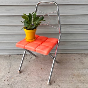 Vintage Kids Chair, 1970s Folding Chair, Orange Plastic Seat, Plant Stand, Front Porch Decor