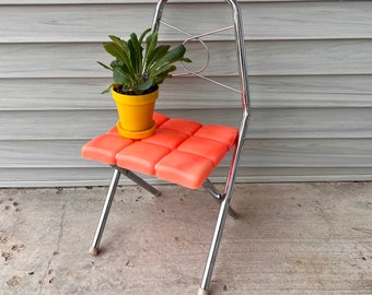 Vintage Kids Chair, 1970s Folding Chair, Orange Plastic Seat, Plant Stand, Front Porch Decor