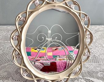 Vintage White Syroco Wood Table / Wall Mirror: Oval with Scalloped Floral Trim