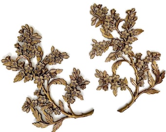 Vintage Gold Dogwood Wall Decals, Large Pair Dart Floral Plastic Plaques, 1960s Hollywood Regency