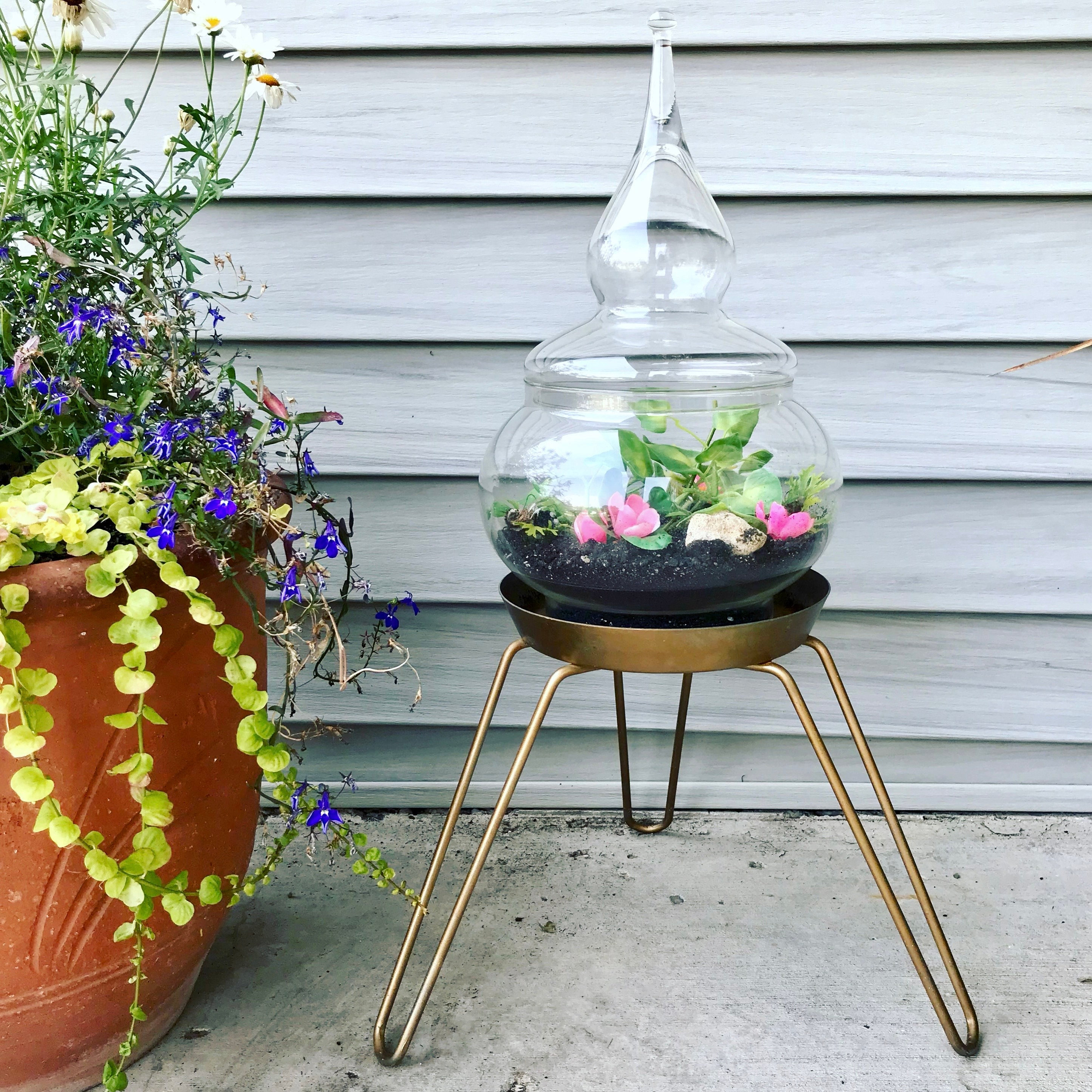 Vintage Rustic Stone Pot & Bamboo Terrarium Table Arrangement Floral 11  ❤️sj3j