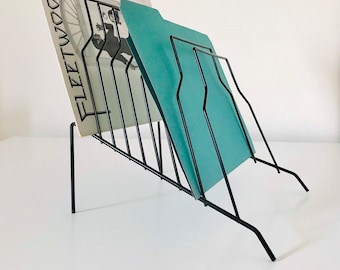 Vintage Black Wire Record Rack, Tiered Vinyl LP Organizer, File Folder Holder