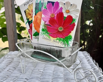 Vintage Wheelbarrow Planter Vase, Pin Flower Frog, White Wire Cottagecore Cart, Criss Cross Glass Insert