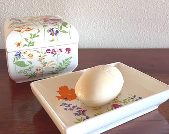 Vintage Floral Ceramic Vanity Set: Soap / Trinket Dish, Covered Jewelry / Cotton Ball Box, Japan