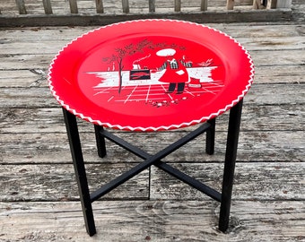 Vintage Folding Table, Stoyke Barbeque Tray, Black Wood Stand, Round Red Metal, Mid Century Chef, Outdoor BBQ Kitchen