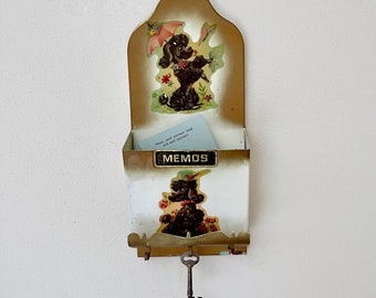 Vintage Wall Organizer, Poodle Memo Holder, Key Hook Rack, Black Gold Metal, 1950s Kitschy Office