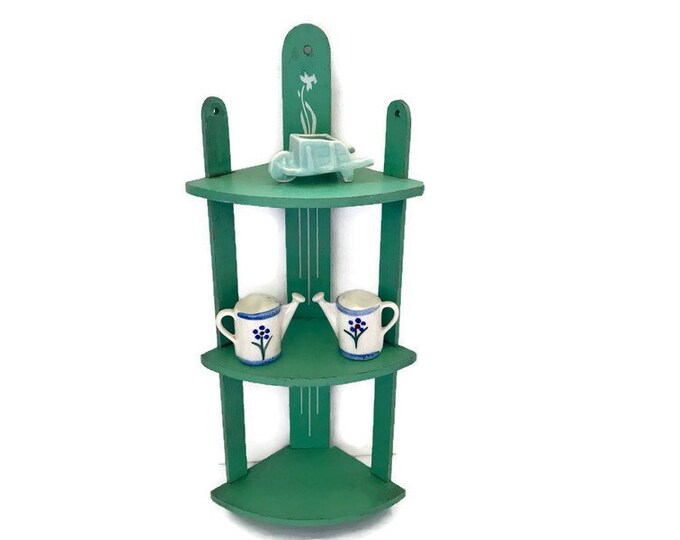 Vintage Wall Shelf, Green Wood Shelves, Tiered Kitchen Shelving, Corner