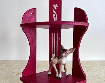 Vintage Red Wood Wall Shelf: 2-Tiered Flat or Corner Shelving, Knick Knack Shelves, White Daffodil Flower