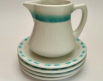 Vintage 16-ounce Restaurant Milk Pitcher: 1960s Mayer China, Airbrushed Turquoise Ombré Stripe