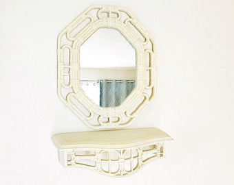 Vintage Shelf Mirror Set, White Homco Plastic, Faux Bamboo Rattan, 1980s Two Pieces, Tiki Boho Decor