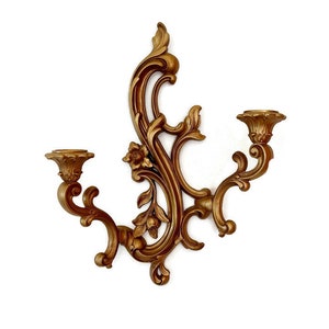 Vintage Double Candleholder, Wall Candle Sconce, Ornate Gold Candelabra, Dart Plastic, Gallery Wall
