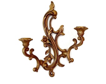 Vintage Candle Sconce, Double Candleholder, Ornate Gold Candelabra, Dart Plastic, Gallery Wall