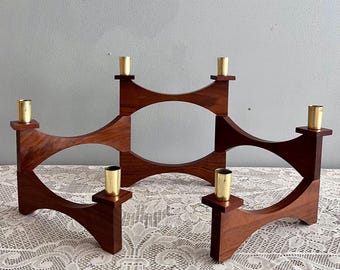 Vintage Articulated Mid Century Wood Candleholder: 6 Brass Taper Holders, Danish Modern Style