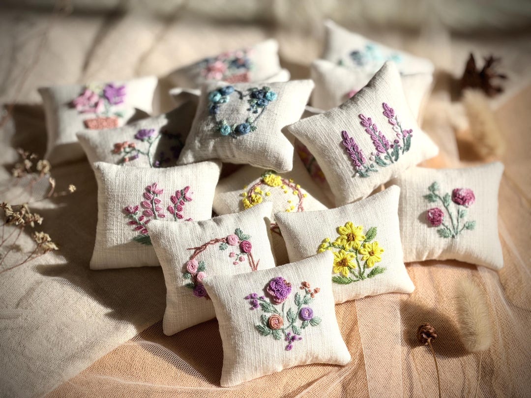 Hand Embroidered Mini Doll Pillow [ B Set ]— Floral Cushion Prop for ...