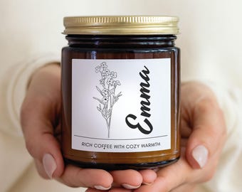 Candela floreale personalizzata per il mese di nascita, candela regalo con nome personalizzato, candela profumata ai fiori, regalo di compleanno per lei, candela in barattolo personalizzata
