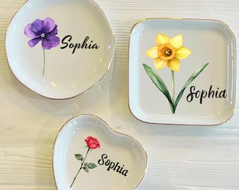 Portagioie personalizzato con fiori per nascita, portagioie con fiori, portagioie per compleanno, regalo per damigella d'onore, portagioie, portagioie in ceramica