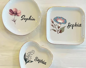 Portagioie personalizzato con fiori per nascita, portagioie con fiori, portagioie per compleanno, regalo per damigella d'onore, portagioie, portagioie in ceramica