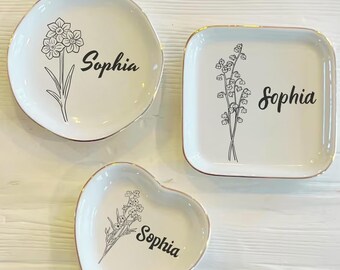 Portagioie personalizzato con fiori per nascita, portagioie con fiori, portagioie per compleanno, regalo per damigella d'onore, portagioie, portagioie in ceramica