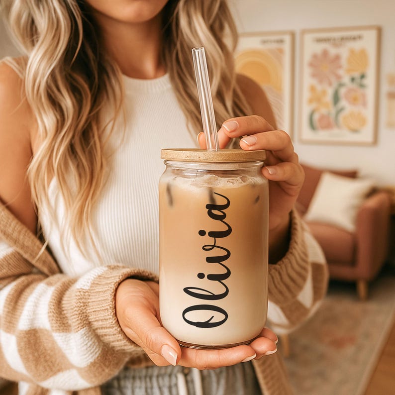 Personalized Iced Coffee Cup, Custom Glass Cup With Lid and Straw ...