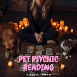 May include: A woman sits cross-legged surrounded by lit candles, a dog, and a cat. Tarot cards are spread out on the wooden floor. The text "PET PSYCHIC READING" is displayed in pink, with the words "SAME HOUR/ SAME DAY" below.