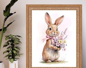 Cute Bunny with Pink Coquette Bow Nursery Print: Baby Girl Room Decor (Digital Download)