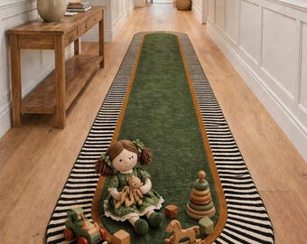 Alfombra de pasillo verde / Borde moderno de rayas blancas y negras