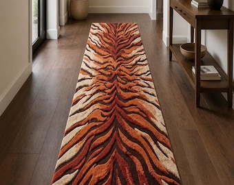 Alfombra de pasillo con estampado de tigre hecha a mano, alfombra de pasillo con mechones, alfombra moderna con estampado animal.