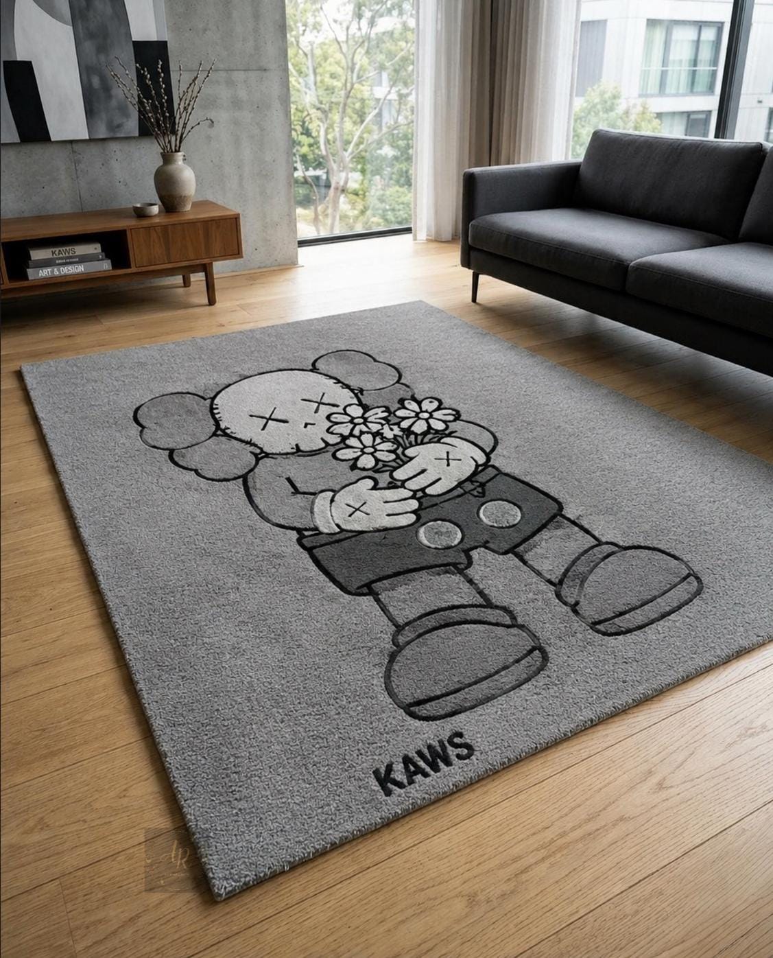 KAWS Inspired Flower Character Rug, Grey Tufted Carpet, Modern