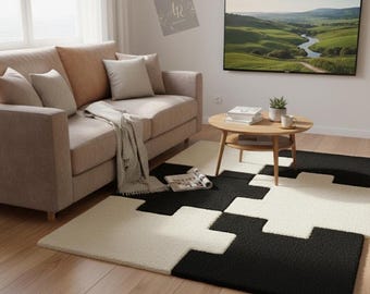 Modern Black & White Geometric Area Rug | Handcrafted Contemporary Pattern Carpet