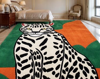 Hand-Tufted Leopard Area Rug Whimsical Feline Animal Print Carpet Maximalist Bedroom Decor