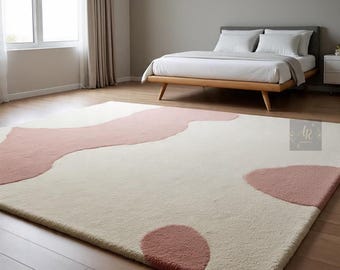 Soft Cream Dusty Rose Abstract Area Rug  HandTufted Organic Modern Carpet