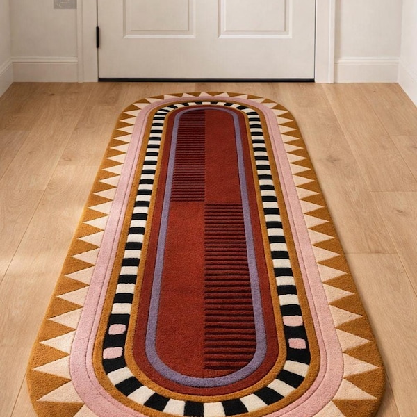 Hand Tufted Oval Runner Rug Boho Geometric Entryway Carpet