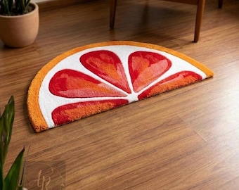 Handmade Orange Slice Rug, Citrus Tufted Carpet, Semi Circle Mat