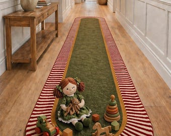 Green Hallway Runner Rug Striped Border Modern Entryway Carpet