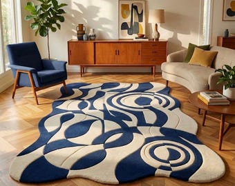 Handmade Abstract Tufted Wool Rug: Blue White Irregular Shape Carpet