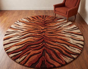 Handmade Tufted Tiger Stripe Round Rug, Animal Print Luxury Carpet
