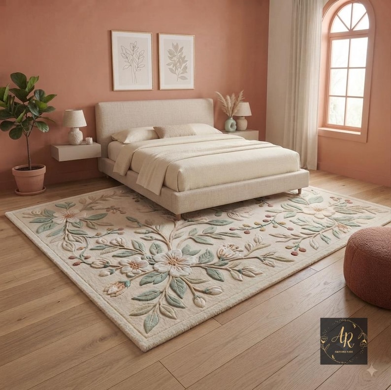 Hand Tufted Floral Wool Rug, Botanical Area Rug, Cottagecore Living ...