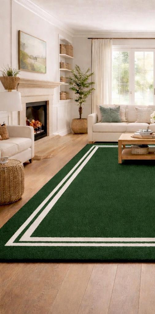 Deep Green Rug Pattern Hand Tufted Deep Green Wool Area Rug – Double White Border Minimalist ...