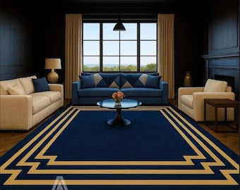 Luxury Navy Blue Gold Geometric Border Area Rug  Modern Living Room Carpet
