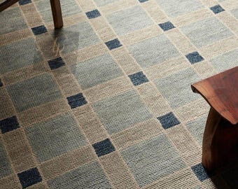 Handwoven Wool Area Rug: Blue Beige Checkered Modern Style